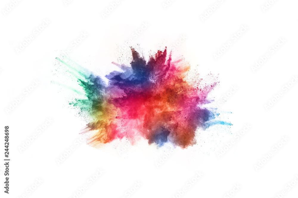 Multicolor powder explosion on White background. Colored cloud. Colorful dust explode. Paint Holi.