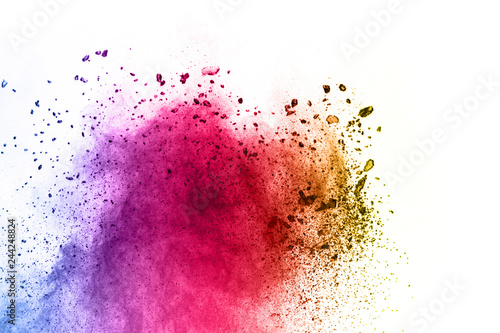 Multicolor powder explosion on White background. Colored cloud. Colorful dust explode. Paint Holi.