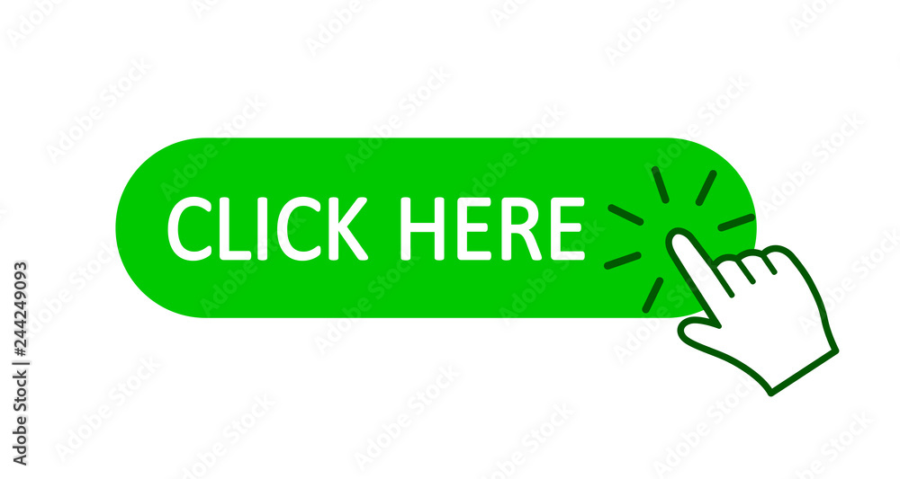 Click here button with hand pointer clicking. Click here web button.  Isolated website buy or register bar icon with hand finger clicking cursor  – for stock vector Stock Vector