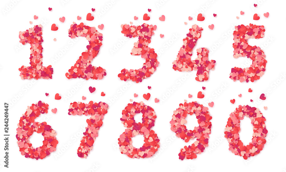 Pink hearts confetti vector Valentines Day numbers set isolated on white background Pink hearts confetti vector Valentines Day numbers set isolated on white background