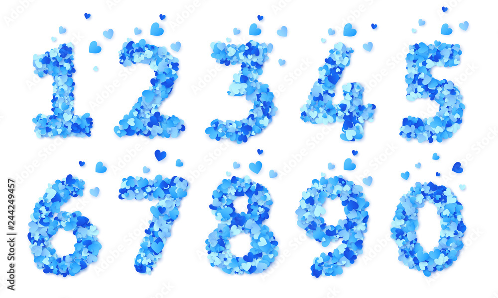 Blue hearts confetti vector Valentines Day numbers set isolated on white background Blue hearts confetti vector Valentines Day numbers set isolated on white background