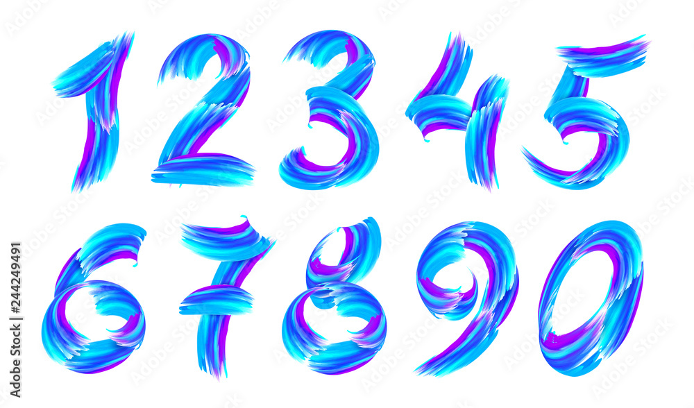 Blue 3D paint strokes vector numbers set isolated on white background Blue 3D paint strokes vector numbers set isolated on white background