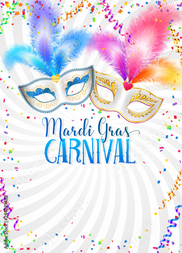 Colorful carnival masks with feathers vector Mardi Gras poster template with confetti and serpentine on white background