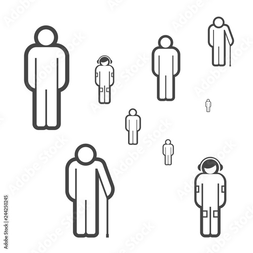 People of Different Ages Vector Icons. Group of People Made of Simple Line Icons. Young, Adult, Old. Teenager in Headphones Listening to Music.