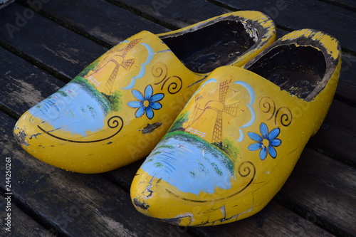 Traditional yellow dutch clogs, wooden shoes, Netherlands