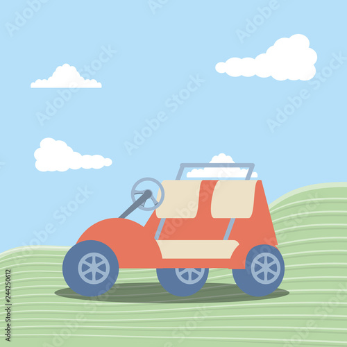 golf car in grass with sky and clouds