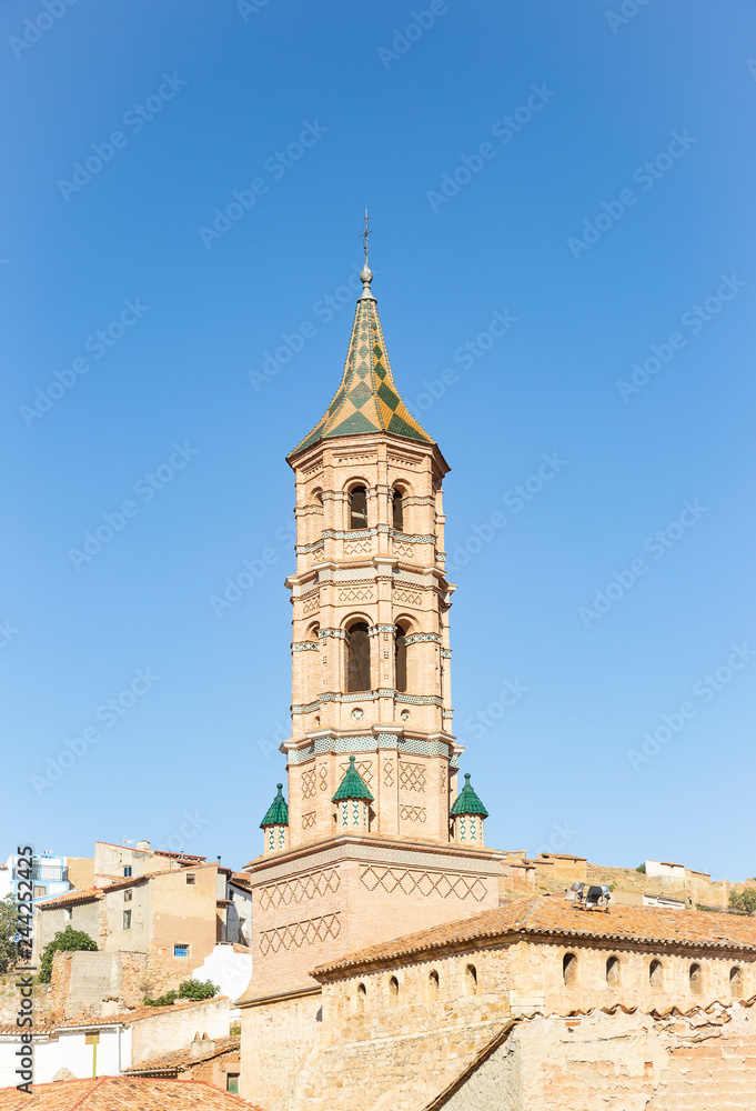 Mudejar tower of the Church of Our Lady of the Assumption in Monterde village, province of Zaragoza, Aragon, Spain