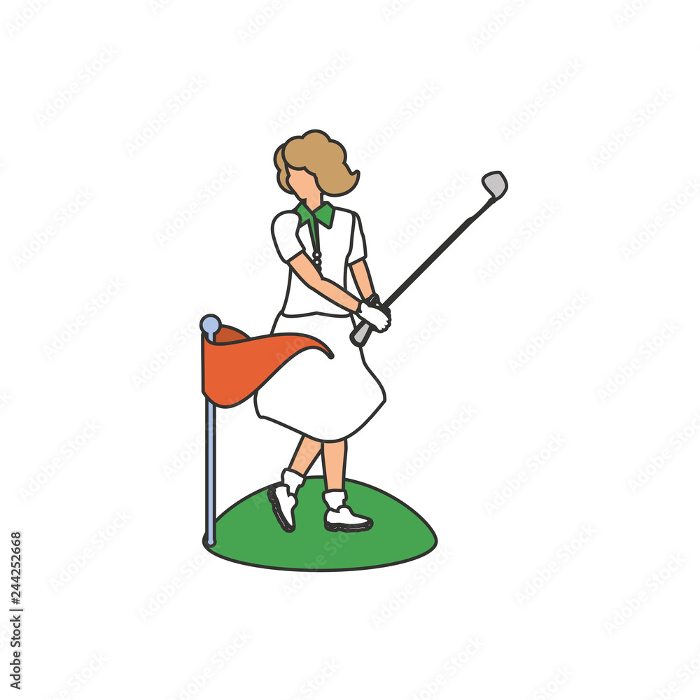 golfer woman with stick golf and flag