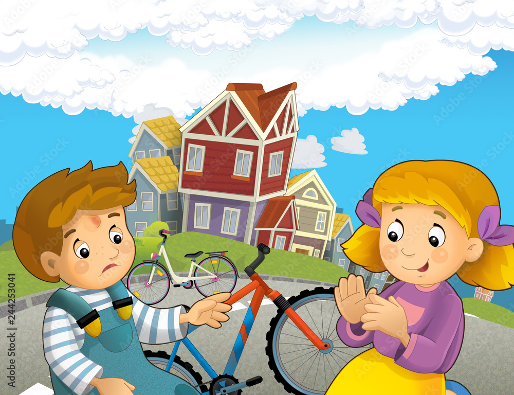 cartoon scene with boy and girl on bicycle ride having accident