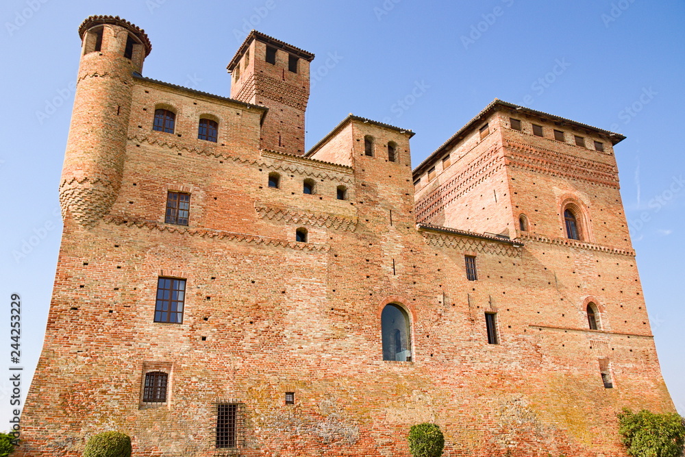 Grinzane Cavour castle, historical landmark, village in Langhe region, Piedmont, Italy
