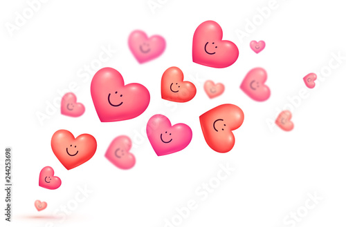 Red and pink floating smiling hearts Valentine's day vector greeting card background