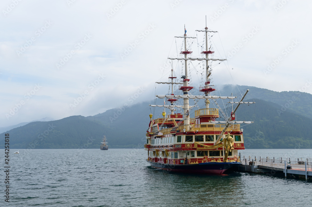 A traditional wooden ship in lake Ashi, Mount Hakone Japan A traditional wooden ship in lake Ashi, Mount Hakone Japan