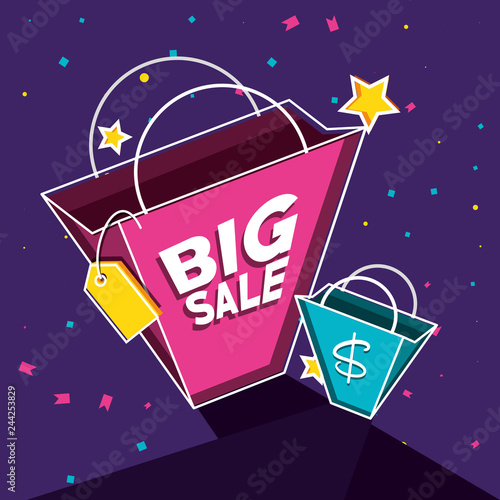 big sale label with bags shopping