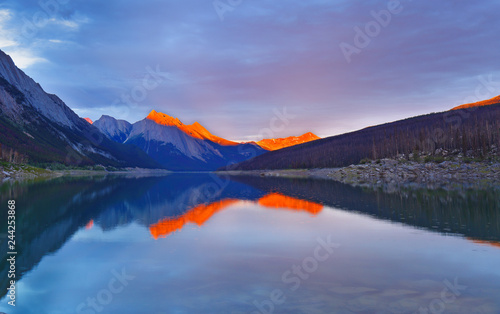 Beautiful sunset over Medicine Lake, Jasper National Park, Alberta, Canada