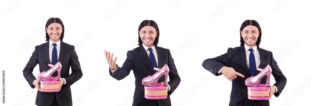 Man with woman shoes isolated on white Man with woman shoes isolated on white