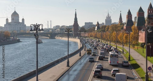 Sunny summer day moscow river bay kremlin Timelapse.