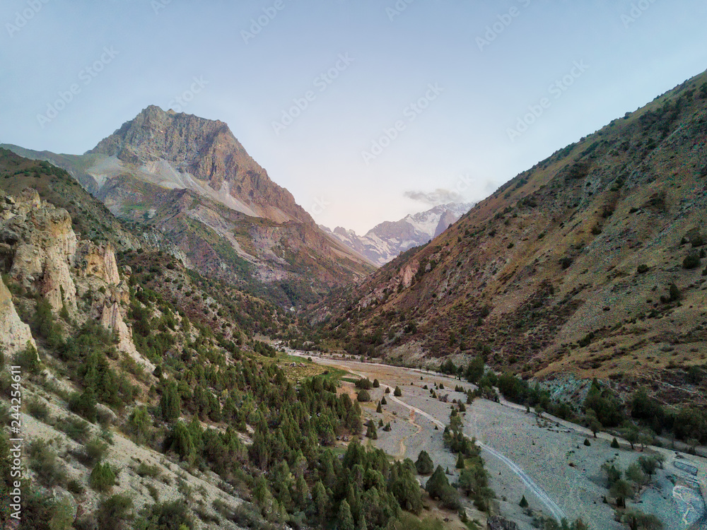 Naklejka premium Fan Mountain River and Stone Hut, taken in Tajikistan in August 2018 taken in hdr