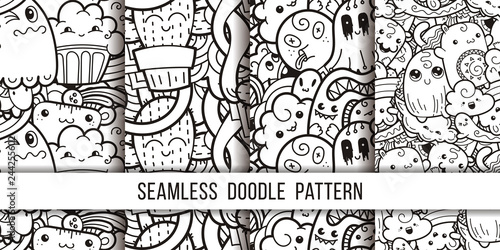 Collection of funny doodle monsters seamless pattern for prints, designs and coloring books