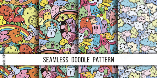 Collection of funny doodle monsters seamless pattern for prints, designs and coloring books