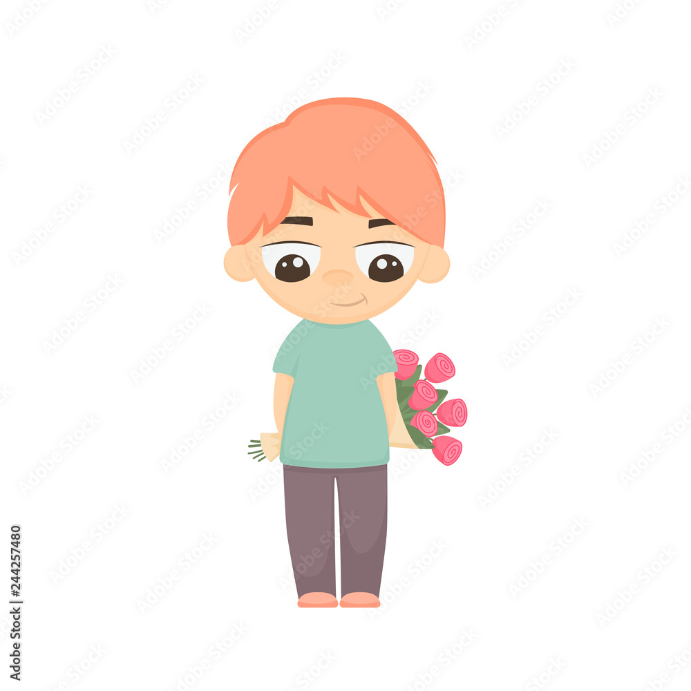 Cartoon modest boy holding a bouquet of flowers on a white background. Congratulations Valentine's Day, Happy Birthday, International Women's Day on March 8. Vector illustration