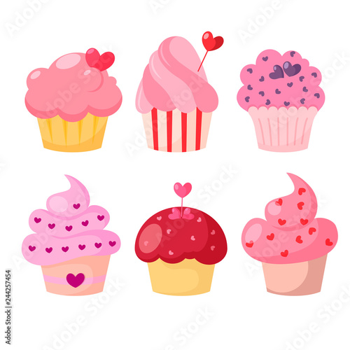 Set of pink cupcakes with hearts. Vector illustration on white background