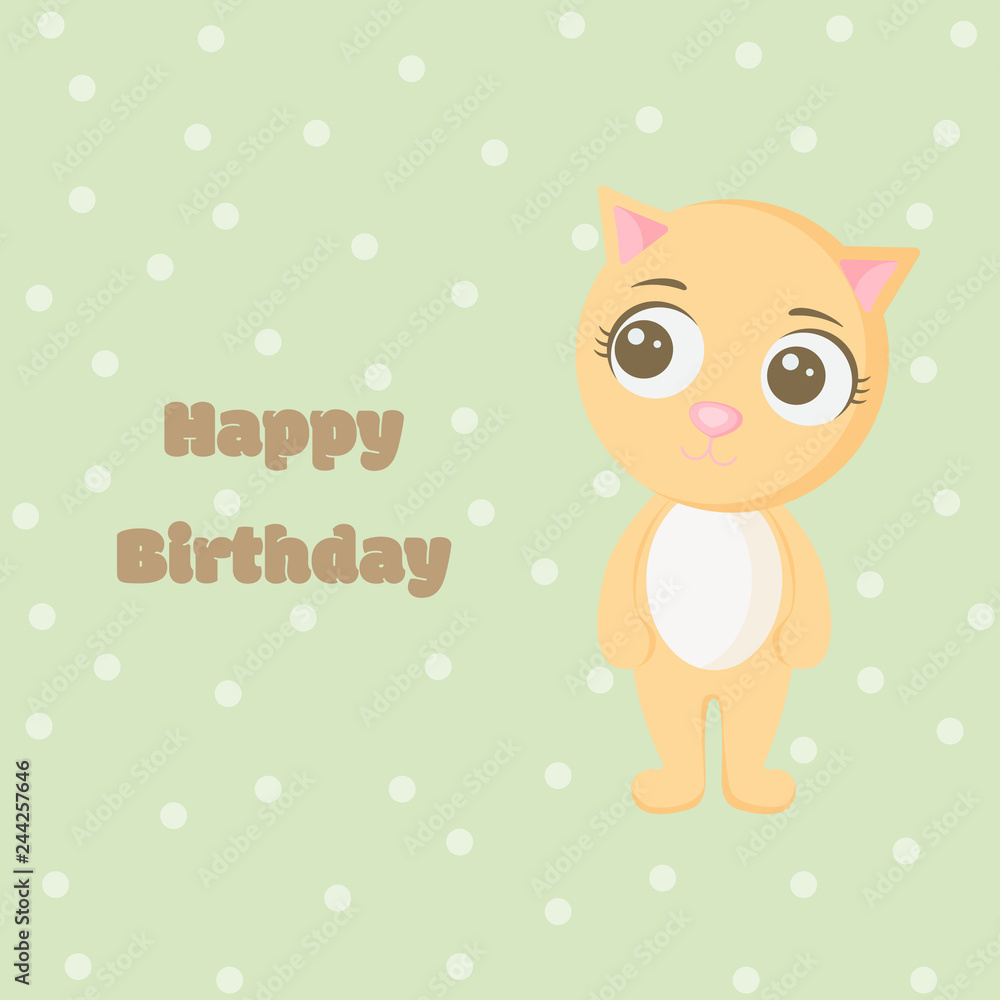 Cute greeting card with fun little cat baby. Happy Birthday. Vector illustration Cute greeting card with fun little cat baby. Happy Birthday. Vector illustration