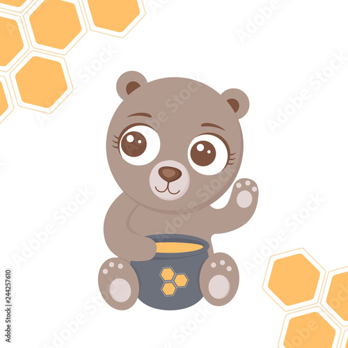 Vector illustration with honeycombs and cute bear with clay pot full of honey . Beekeeper background
