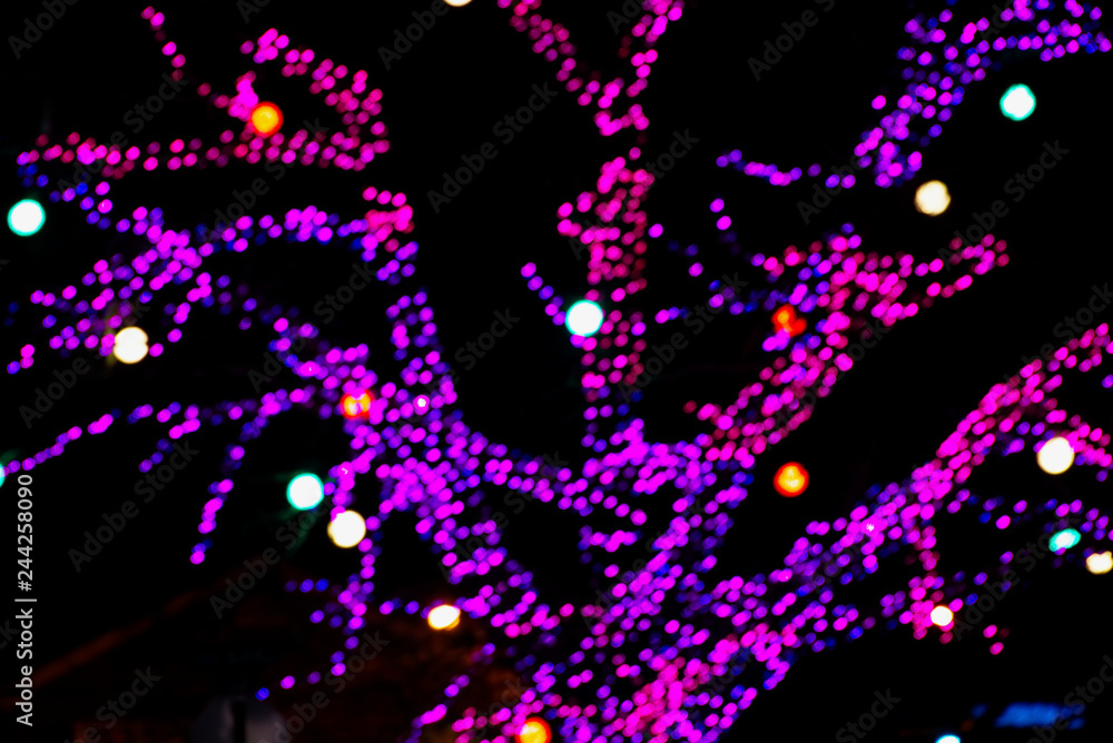 An abstract shot of blurred lights on a tree. An abstract shot of blurred lights on a tree.
