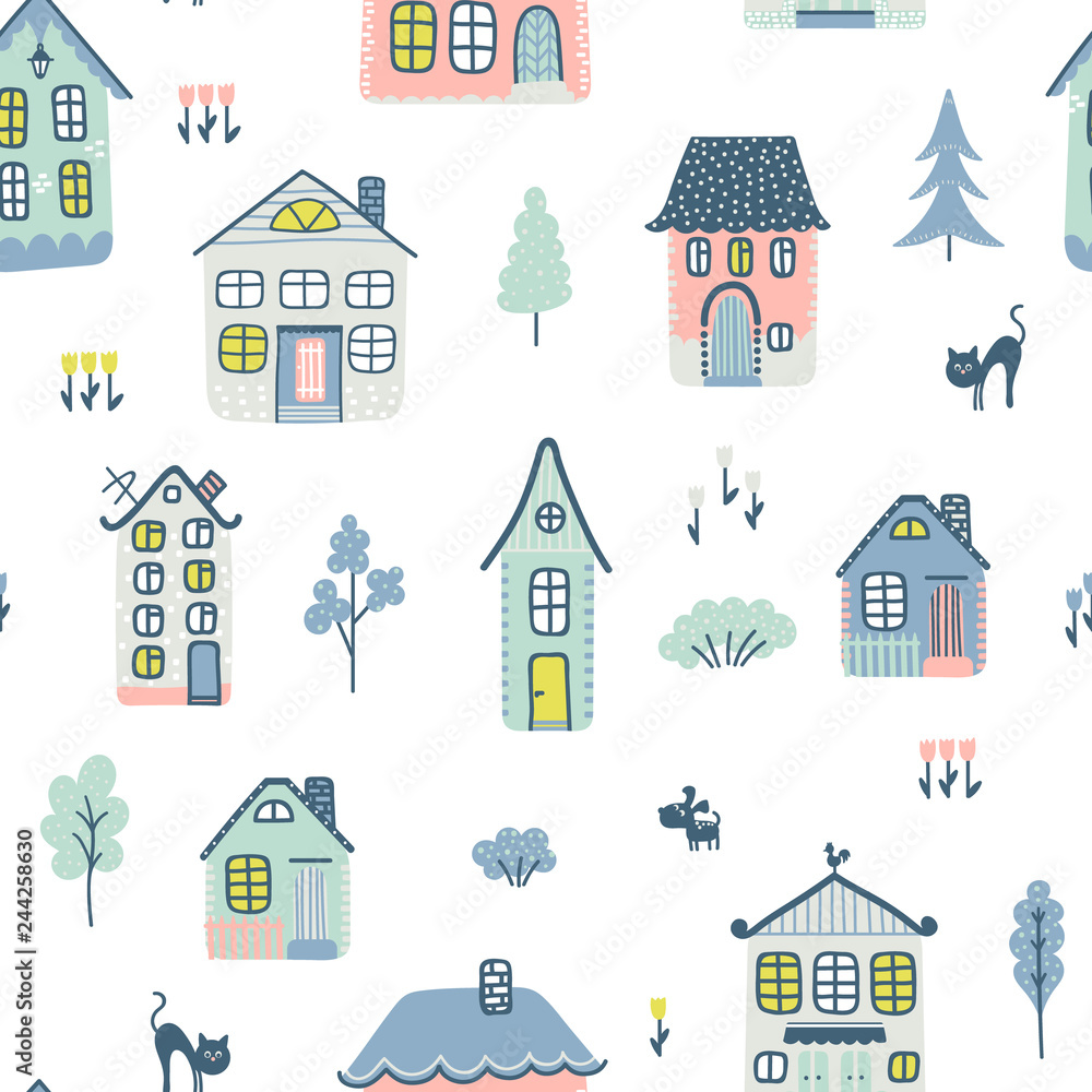 Seamless background with houses and trees Seamless background with houses and trees