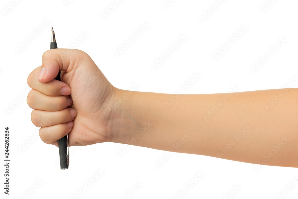 Φωτογραφία Human hand in reach out one's hand and holding black ballpoint pen gesture isola