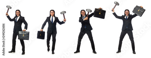 Handsome businessman holding hammer and case isolated on white