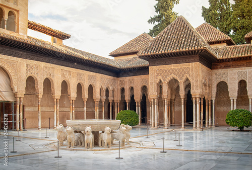 Lions court in the royal palace Nazaries in Alhambra, Granada, Andalucia, Spain