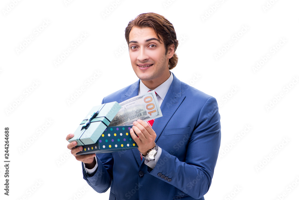 Elegant businessman with giftbox isolated on white Elegant businessman with giftbox isolated on white
