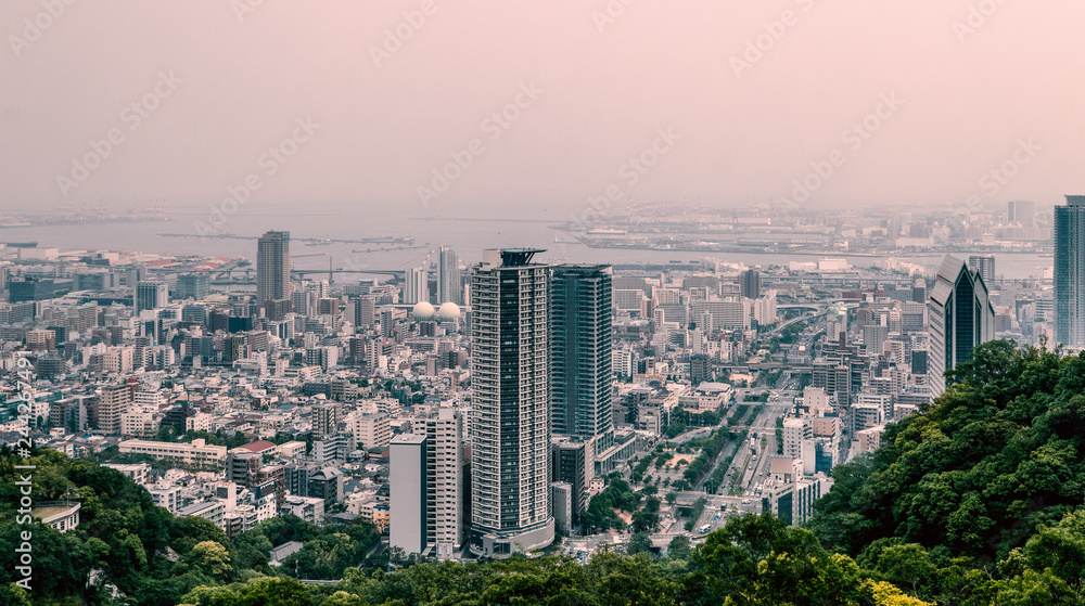 Fototapeta premium Kobe cityscape skyline and port, View from cable car on mountain : Kobe , Japan