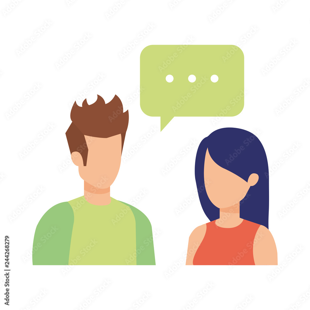 young couple with speech bubble characters young couple with speech bubble characters