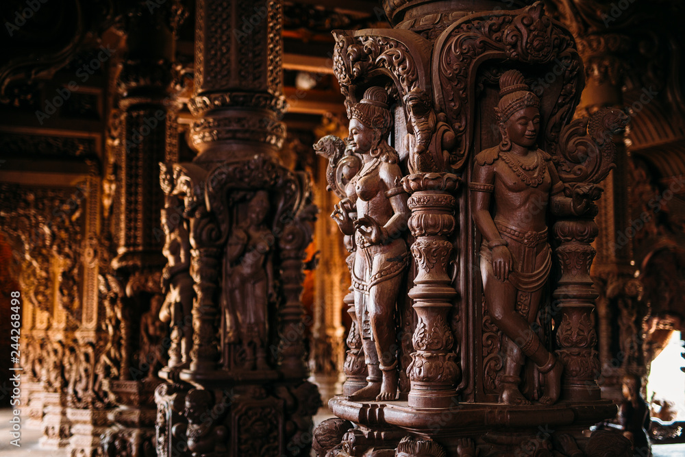 Sanctuary of Truth is a temple construction in Pattaya, Thailand. The sanctuary is an all-wood building filled with sculptures based on traditional Buddhist and Hindu motifs. Sanctuary of Truth is a temple construction in Pattaya, Thailand. The sanctuary is an all-wood building filled with sculptures based on traditional Buddhist and Hindu motifs.