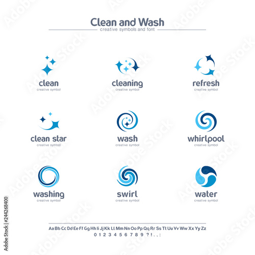 Clean and wash creative symbols set, font concept. Water refresh, laundry service abstract business logo. Swirl, shine, sparkle star icon.