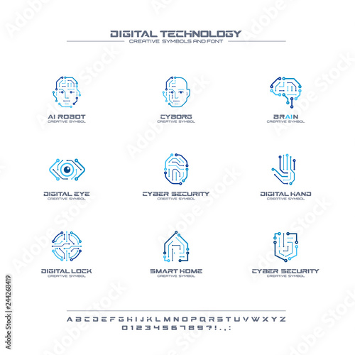 Digital technology creative symbols set, font concept. AI circuit brain abstract business logo. Cyborg face, head, smart robot hand icon