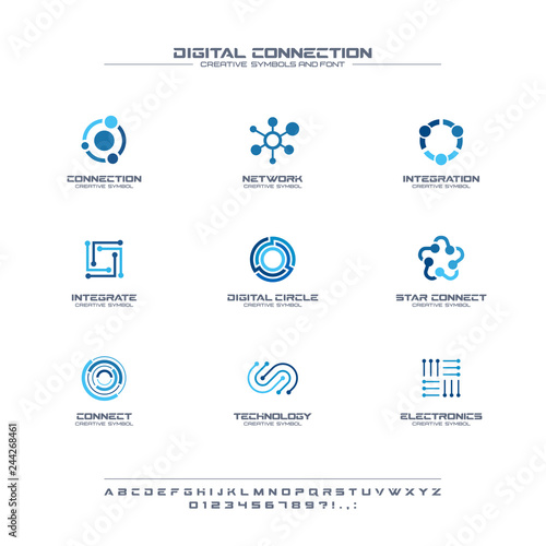 Digital connect creative symbols set, font concept. Social media network abstract business logo. Internet technology, communication icon. photo