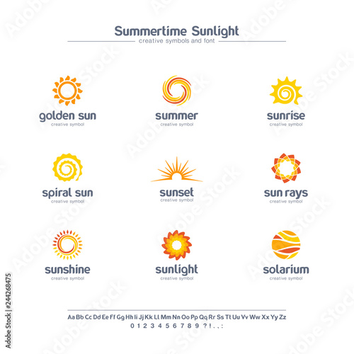 Summertime sunlight creative symbols set, font concept. Spiral sun rays, solarium abstract business logo. Summer sunrise, gold star icon.