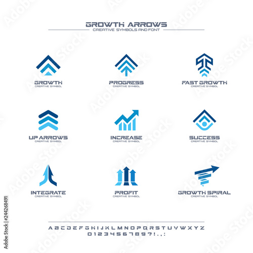 Growth arrows creative symbols set, font concept. Finance profit, bank, stock market abstract business logo. Increase, grow up chart icon