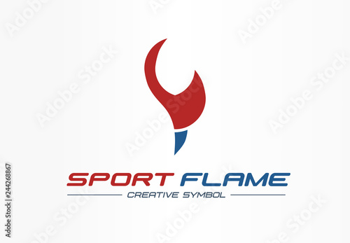 Sport flame creative symbol concept. Energy award fire in torch shape abstract business fitness logo. Activity or flash training, trophy power icon.