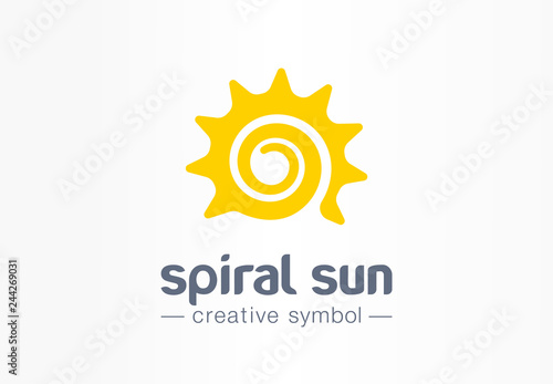 Spiral sun creative symbol concept. Summer morning energy light abstract business logo. Hot sunshine weather, travel circle sunrise or sunset icon.