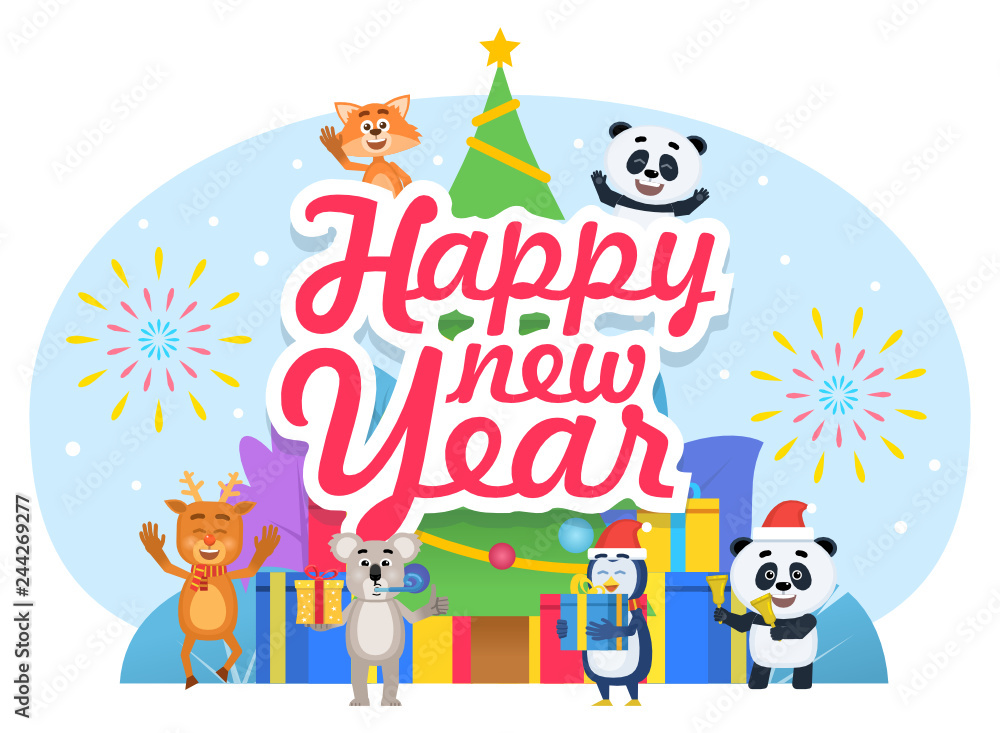 Happy New Year celebration, greeting card. Cute animals stand near big Christmas tree, gift boxes. Poster for web page, social media, banner, presentation. Flat design vector illustration