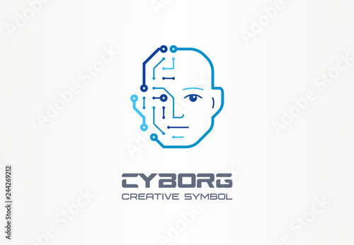 AI robot technology creative symbol machine concept. Digital bionic cyborg face abstract business future logo. Smart humanoid, circuit board icon.