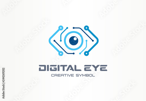 Digital eye creative symbol concept. Cyber vision, circuit board abstract business logo. Video camera control, futuristic technology, vr view icon.