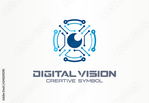 Digital vision creative symbol concept. Circuit robot eye, vr system abstract business logo. Cctv monitor, security scan control, video camera icon