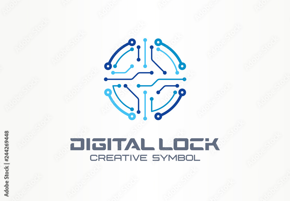 Digital lock creative symbol concept. Circuit circle safe, access control system abstract business logo. Data protect, cyber security, safety icon