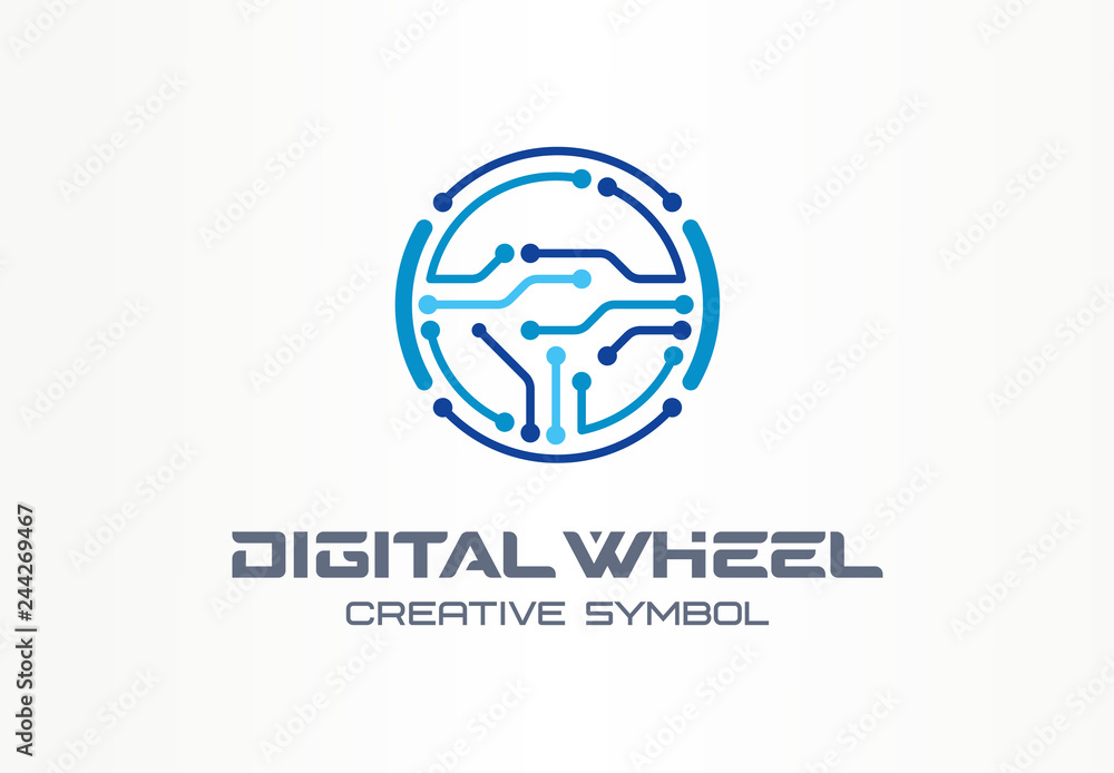 Digital steer wheel creative symbol concept. Electric car, autonomous vehicle abstract business logo. Driverless transport, automation tech icon