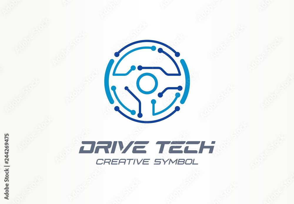Drive tech creative symbol concept. Autonomous car, futuristic auto technology abstract business logo. Driver less vehicle, vr steer wheel icon. Drive tech creative symbol concept. Autonomous car, futuristic auto technology abstract business logo. Driver less vehicle, vr steer wheel icon.